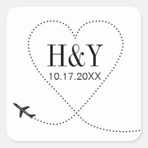 Adesivo Quadrado Monograma de Viagem de Avião de Casamento de Dest