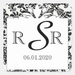 Adesivo Quadrado Monograma do Casamento tema damasco Floral Branco 