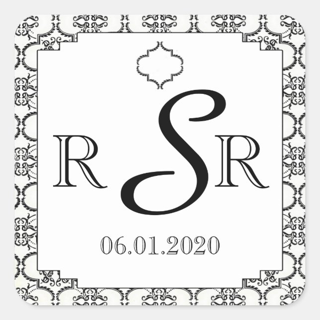 Adesivo Quadrado Monograma do Casamento tema damasco preto e branco (Frente)