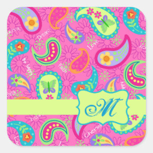 Adesivo Quadrado Monograma do padrão Paisley Moderno da Fuchsia