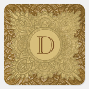 Adesivo Quadrado Monograma do vintage do ouro e do Brown que