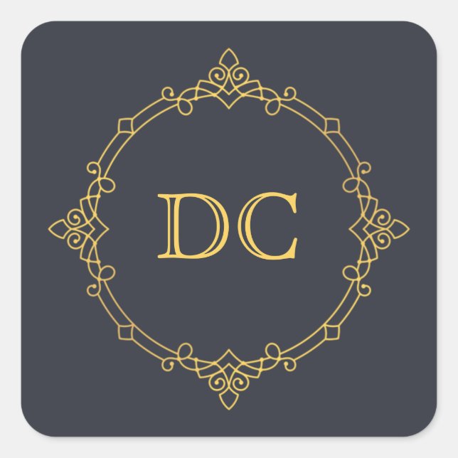 Adesivo Quadrado Monograma Dourado Elegante Azul (Frente)