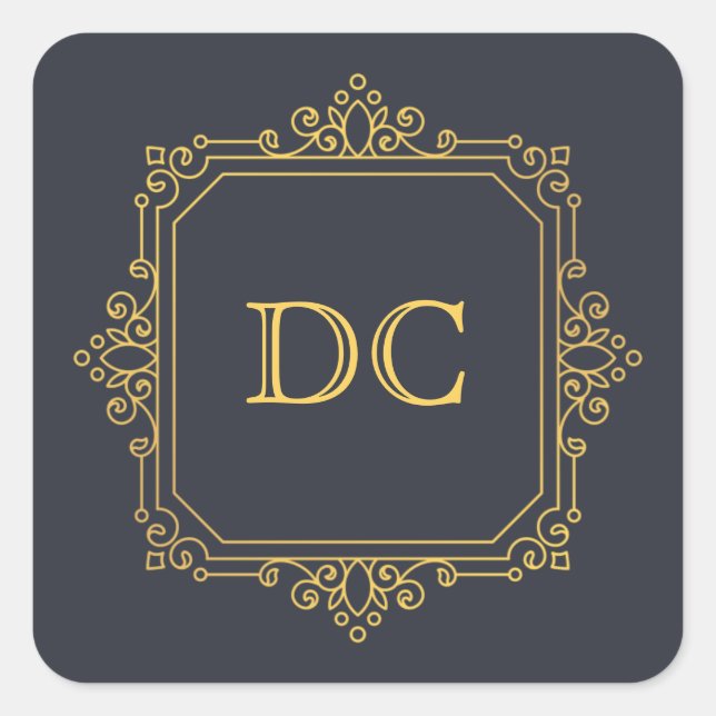 Adesivo Quadrado Monograma Dourado Elegante Azul (Frente)