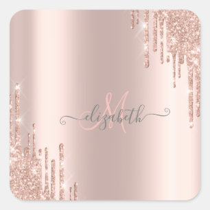 Adesivo Quadrado Monograma Dourado Rosa com Efeito de Gotas Brilhan