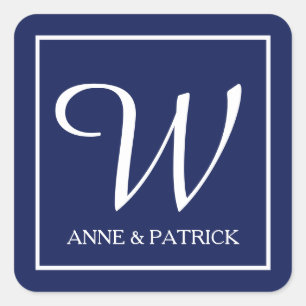 Adesivo Quadrado monograma e nomes iniciais da família azul, casam