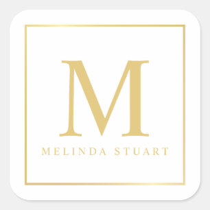 Adesivo Quadrado Monograma Elegante branco e Dourado