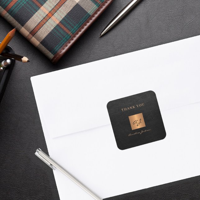 Adesivo Quadrado Monograma elegante de ouro preto obrigado você (Criador carregado)