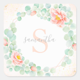 Adesivo Quadrado Monograma Eucalyptus Deixa Pêssego Floral de Peony
