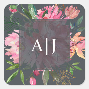 Adesivo Quadrado Monograma Floral Botânico de Peônia Rosa Rubi
