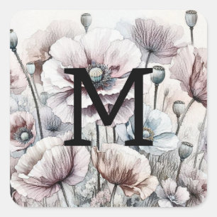 Adesivo Quadrado Monograma floral desenho cor-de-rosa pastel flores