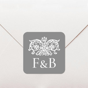 Adesivo Quadrado Monograma Floral Ornate Casamento Cinza Escuro