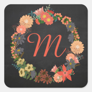 Adesivo Quadrado Monograma Floral Wreath, Stickers Quadrados