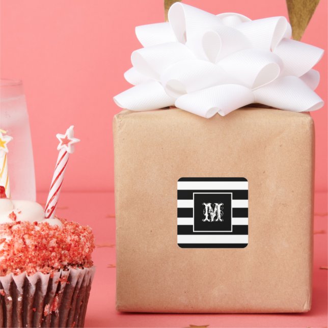 Adesivo Quadrado Monograma Inicial Chique Elegante Legal Preto e Br (Festa)