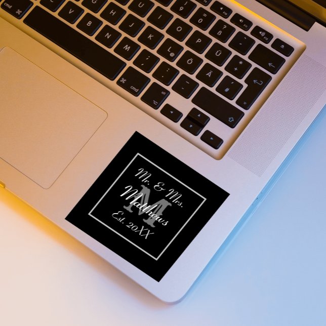 Adesivo Quadrado Monograma mínimo | Favor do Casamento Negro e Bran (Criador carregado)