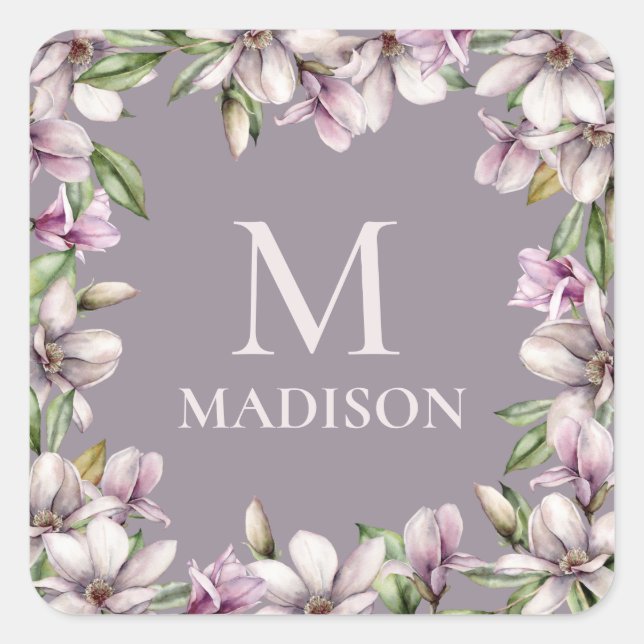Adesivo Quadrado Monograma Monograma Magnolia Floral Personalizada (Frente)