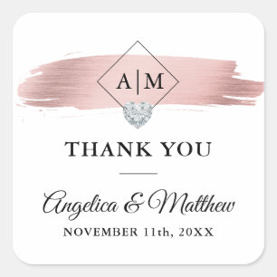 Adesivo Quadrado Monograma OBRIGADO Rosa Dourado Casamento Cardíaco