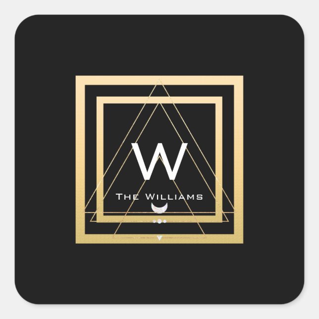 Adesivo Quadrado Monograma Ouro Mínimo de Quadro Geométrico Preto (Frente)