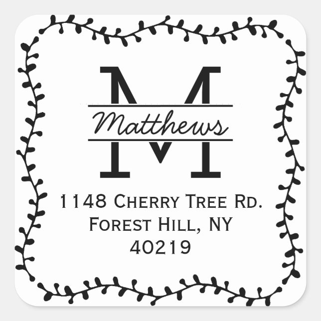 Adesivo Quadrado Monograma Personalizado de Borda Botânica na moda (Frente)