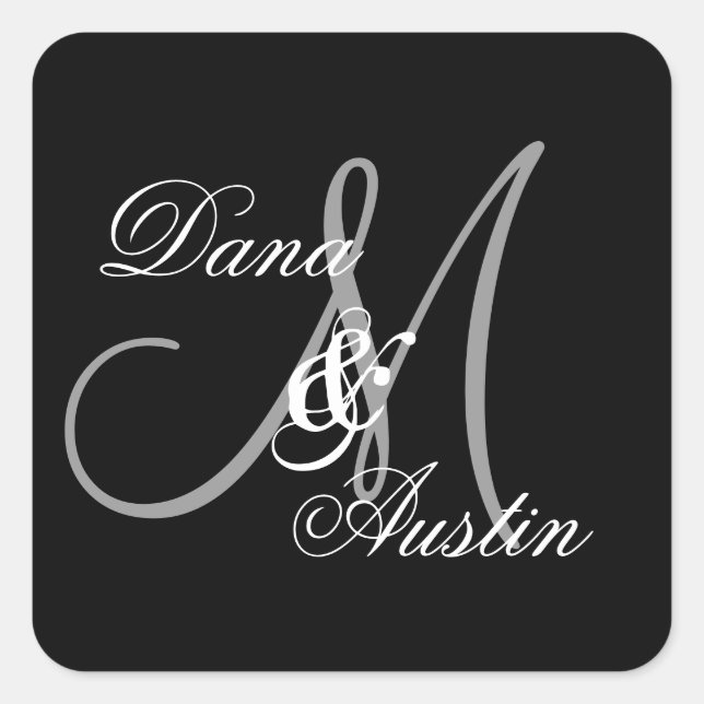 Adesivo Quadrado Monograma personalizado de casamento preto e prate (Frente)