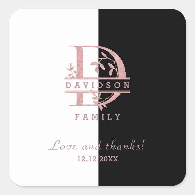 Adesivo Quadrado Monograma Personalizado de Divisão Dourada Moderna (Frente)