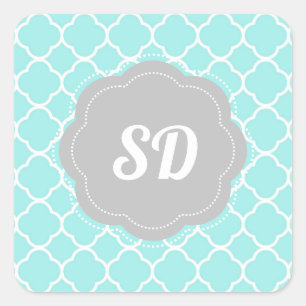 Adesivo Quadrado Monograma Personalizado de Quatrefoil Turquesa Cla