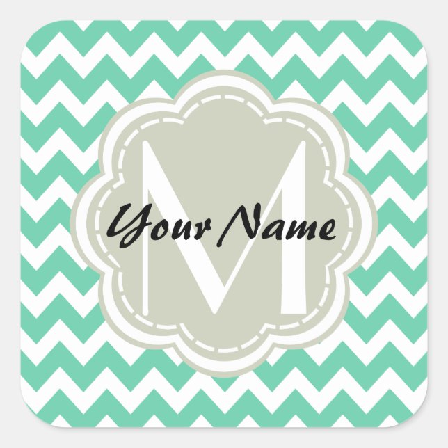 Adesivo Quadrado Monograma Personalizado Mint Chevron, Nome Persona (Frente)