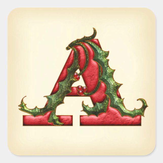 Adesivo Quadrado Monograma que do azevinho do Natal um envelope (Frente)