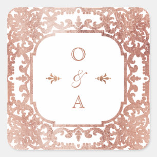 Adesivo Quadrado monograma rosa dourado do casamento vintage orname