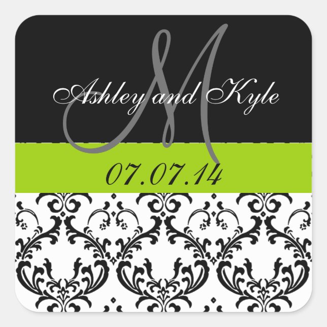 Adesivo Quadrado Monograma verde Damask Save the Date Stickers (Frente)