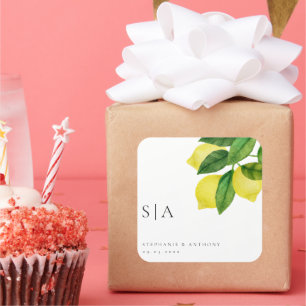 Adesivo Quadrado Monogramas Lemon Citrus Branch Greenery Casamento