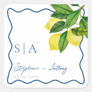 Adesivo Quadrado Monogramas Limão Cítrico, Borda Onda Azul Casament