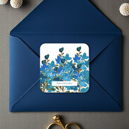 Adesivo Quadrado Monomograma de Flores Silvestres de Aquarela Azul