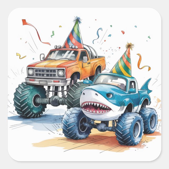 Adesivo Quadrado Monster Shark Truck Birthday Bash (Frente)