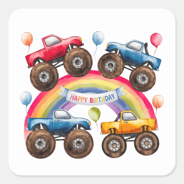 Adesivo Quadrado Monster Truck Rainbow Boy Birthday Bash (Frente)