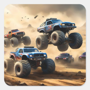 Adesivo Quadrado Monster Trucks Correndo no Deserto,