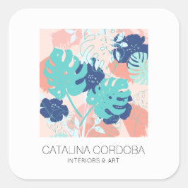 Adesivo Quadrado Monstera Tropical Moderna Peach/Mint