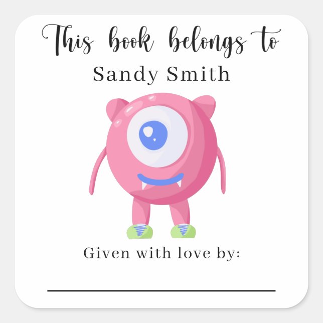 Adesivo Quadrado Monstro - Este livro pertence a com mensagem (Frente)