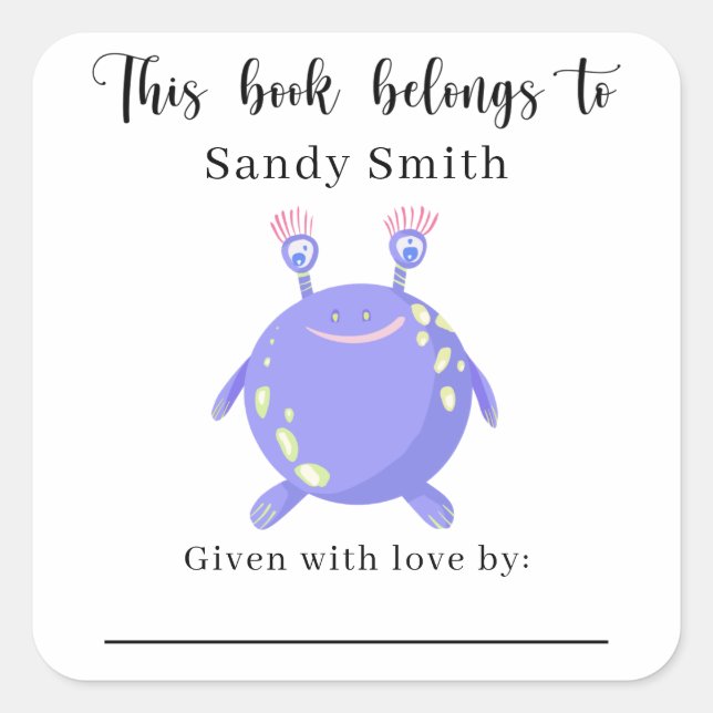 Adesivo Quadrado Monstro - Este livro pertence a com mensagem (Frente)