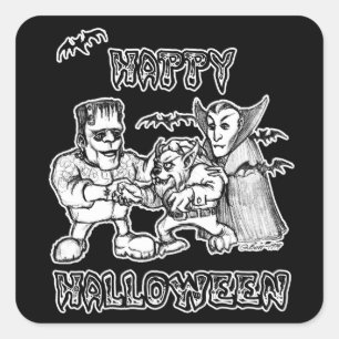 Adesivo Quadrado Monstros Engraçados - Feliz Halloween