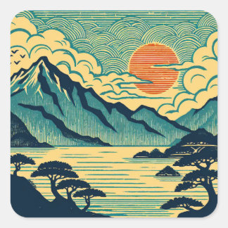 Adesivo Quadrado Montanhas Teal de Madeira Japonesa Pôr do Sol Lara