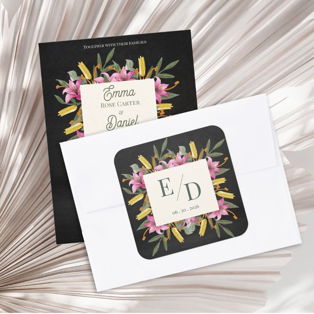 Adesivo Quadrado Moody Blush Lily Black Floral Monogram Wedding (Moody Blush Lily Monogram Wedding Sticker | Elegant Black Floral Custom Initials Seal)
