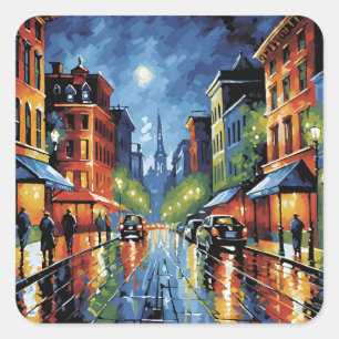 Adesivo Quadrado Moonlit City Street