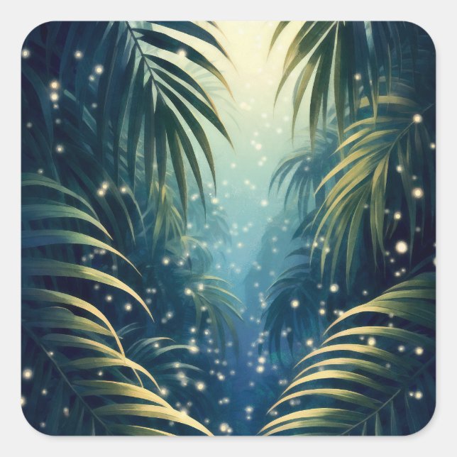 Adesivo Quadrado Moonlit palm leaves with fireflies, watercolor art (Frente)