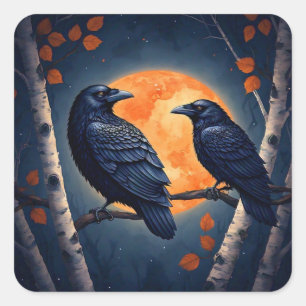Adesivo Quadrado Moonlit Ravens em Birch Trees