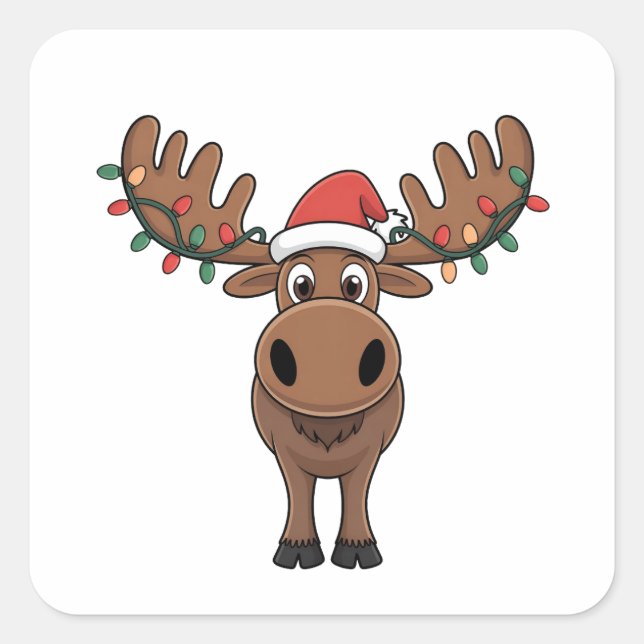 Adesivo Quadrado Moose da árvore de Natal Luz Engraçada Xmas Moose  (Frente)