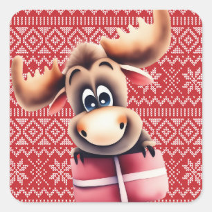 Adesivo Quadrado Moose de Cartoon com presente de Natal