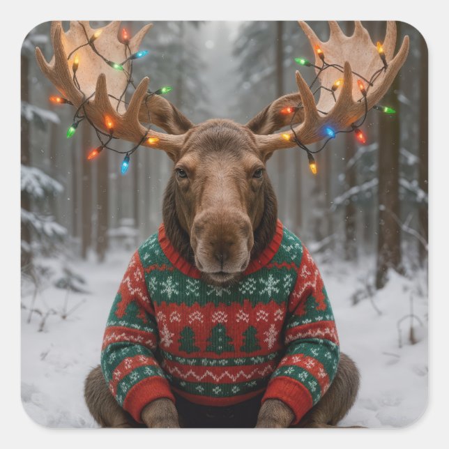 Adesivo Quadrado Moose Wearing Ugly Christmas Sweater (Frente)