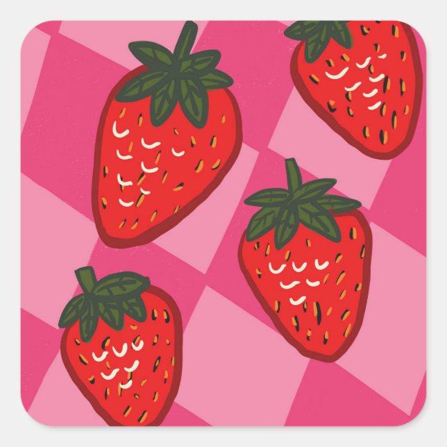 Adesivo Quadrado Morangos Desenhados à Mão em Xadrez Rosa e Vermelh (Frente)