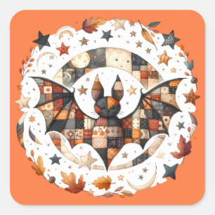 Adesivo Quadrado Morcego de Halloween em Patchwork com Cores de Out