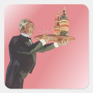 Adesivo Quadrado Mordomo Vintage em um Tuxedo servindo vinho na ban